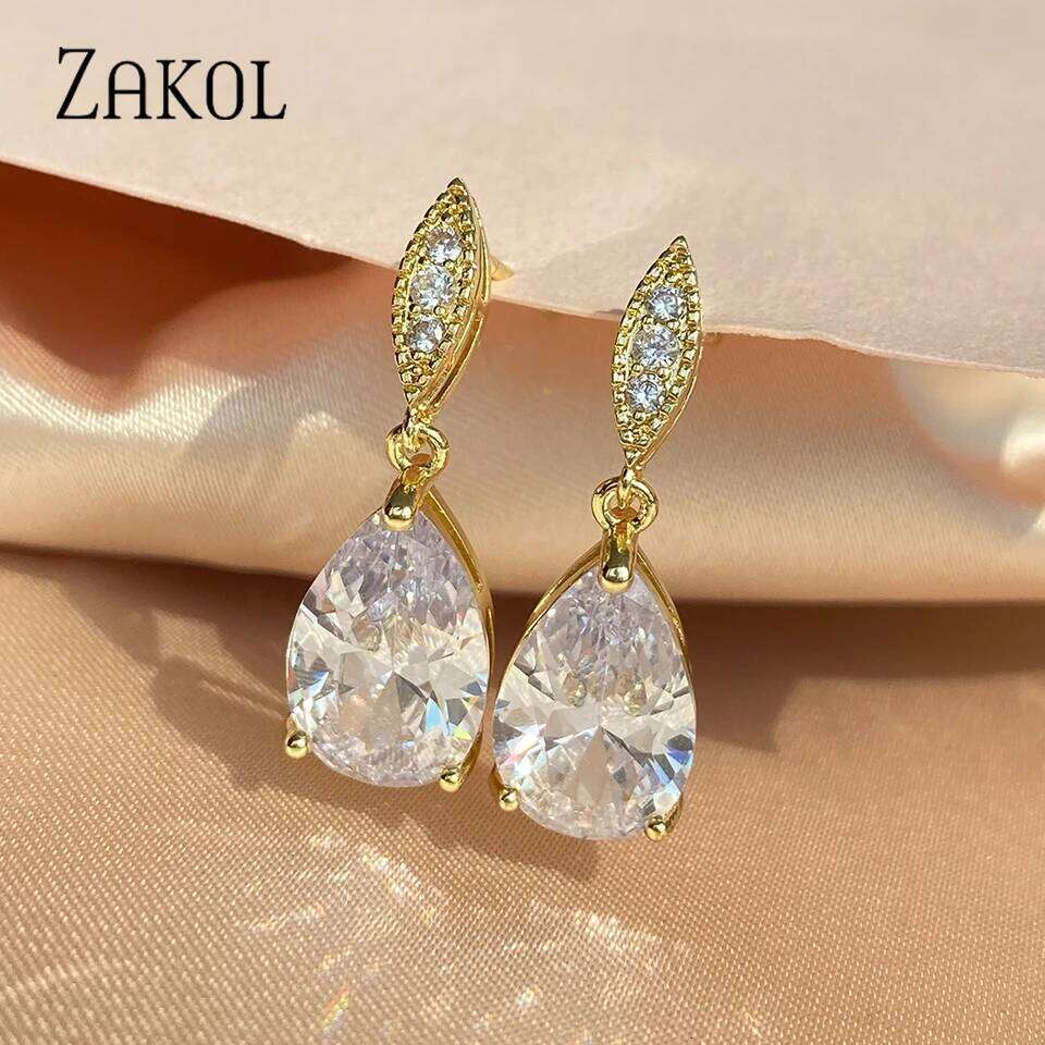 ZAKOL Classic AAA Cubic Zirconia Water Drop Dangle Earrings Shiny Clear Crystal Bridal Wedding Jewelry Wholesale