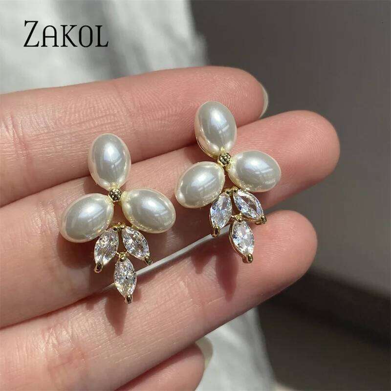 ZAKOL Marquise Oval Imitation Pearl Leaf Stud Earrings for Women Shiny Gorgeous Bridal Wedding Jewelry