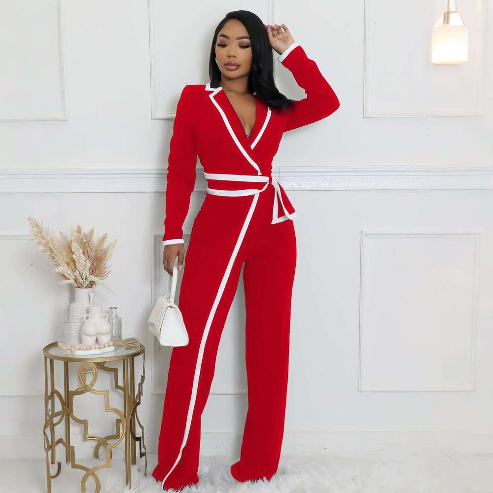 European American Cross-Border Amazon Fashion Women's Autumn and Winter Belt Design Two-Tone Patchwork Long Sleeve Jumpsuit