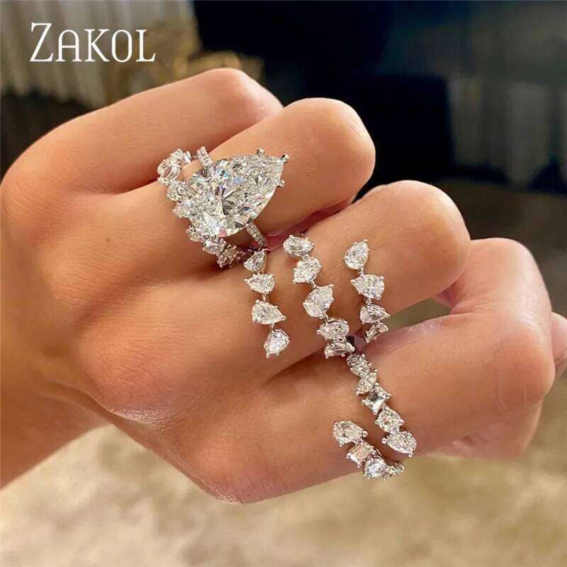 ZAKOL Fashion 3 Layers Irregular Zirconia Open Rings for Women Silver Color Ring Rectangle Shinny Jewelry