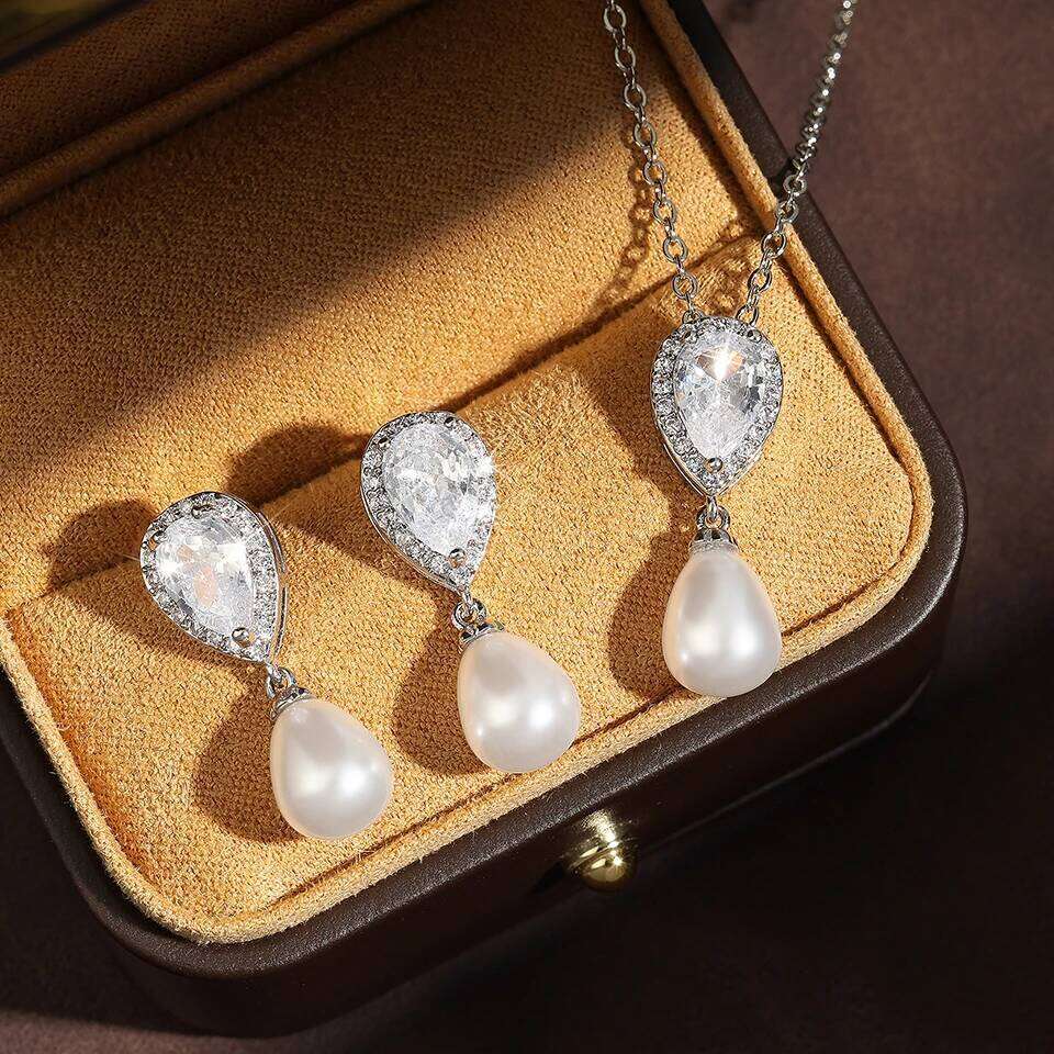 ZAKOL Luxury Water Drop Zirconia Dangle Necklace Teardrop-shaped Pearl Pendant Earring Wedding Jewelry Set
