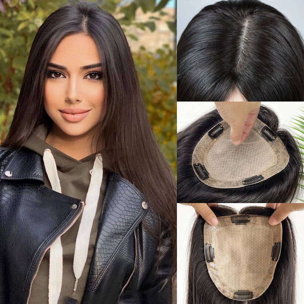 Base Human with 4 Clips and PU Around Virgin European Hair Silk Top Women Topper Fine Hairpiece 12X13CM 15X16CM