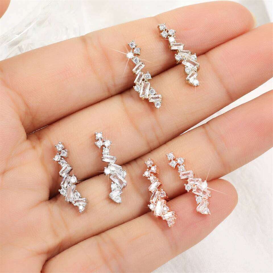 ZAKOL Simple Geometric Zirconia Climb Stud Earrings for Women Shiny Crystal CZ Bridal Wedding Jewelry Wholesale