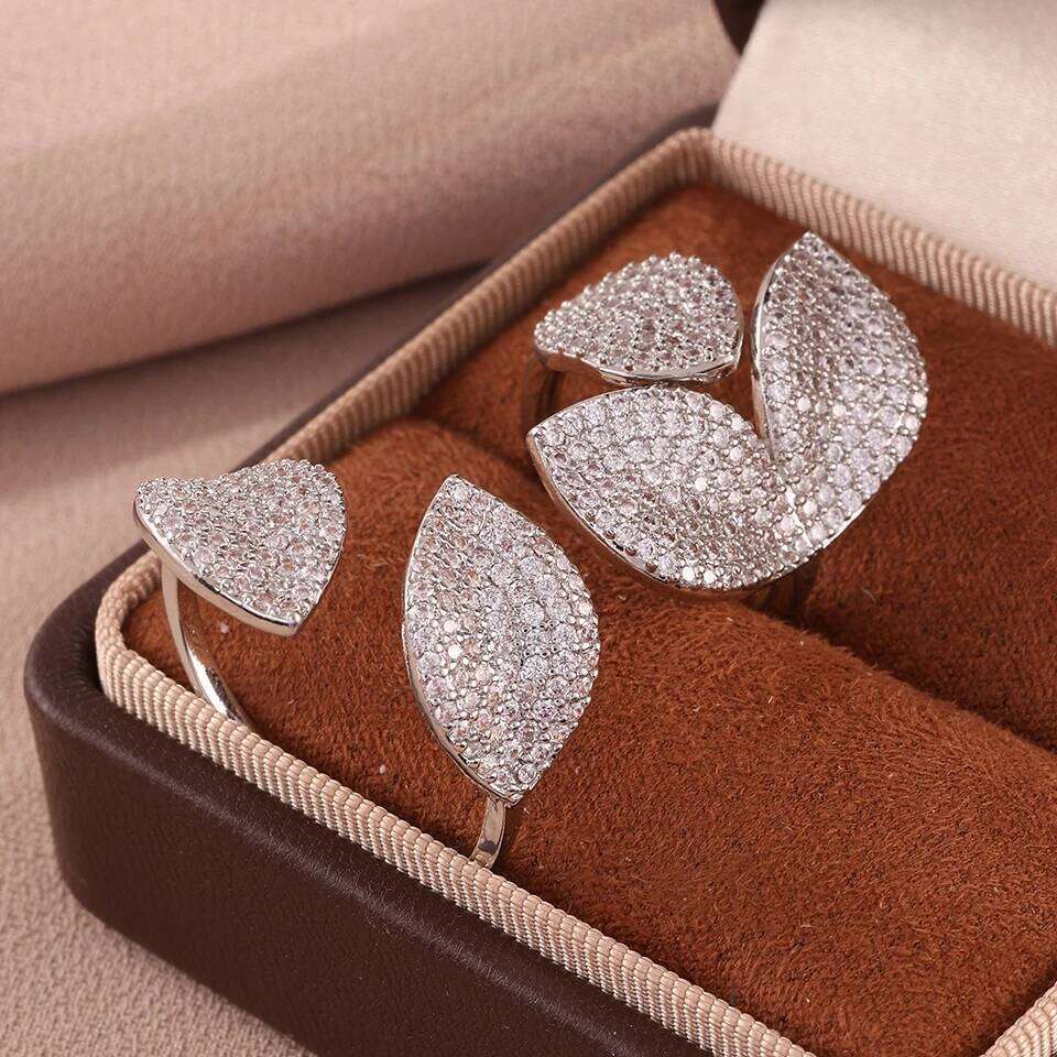 ZAKOL Two Pieces Micro-set Zircon Leaf Flower Open Set for Women Paved Bling CZ Cocktail Party Ring Jewelry Accessories