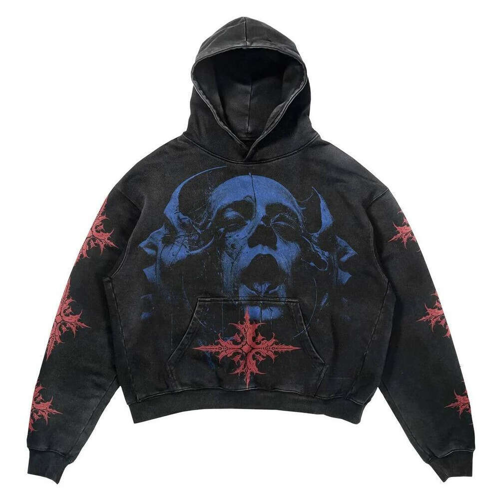 Y2K Gothic style skull print hooded pullover pure cotton sweatshirt for men and women niche personality loose daily jacket top Zhehan