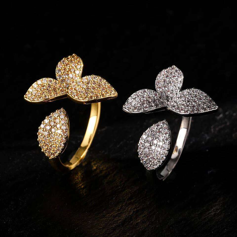 ZAKOL Classic Micro-inlaid Zirconia Leaf Flower Open Rings for Women Sliver/Gold Color Engagement Wedding Party Jewelry