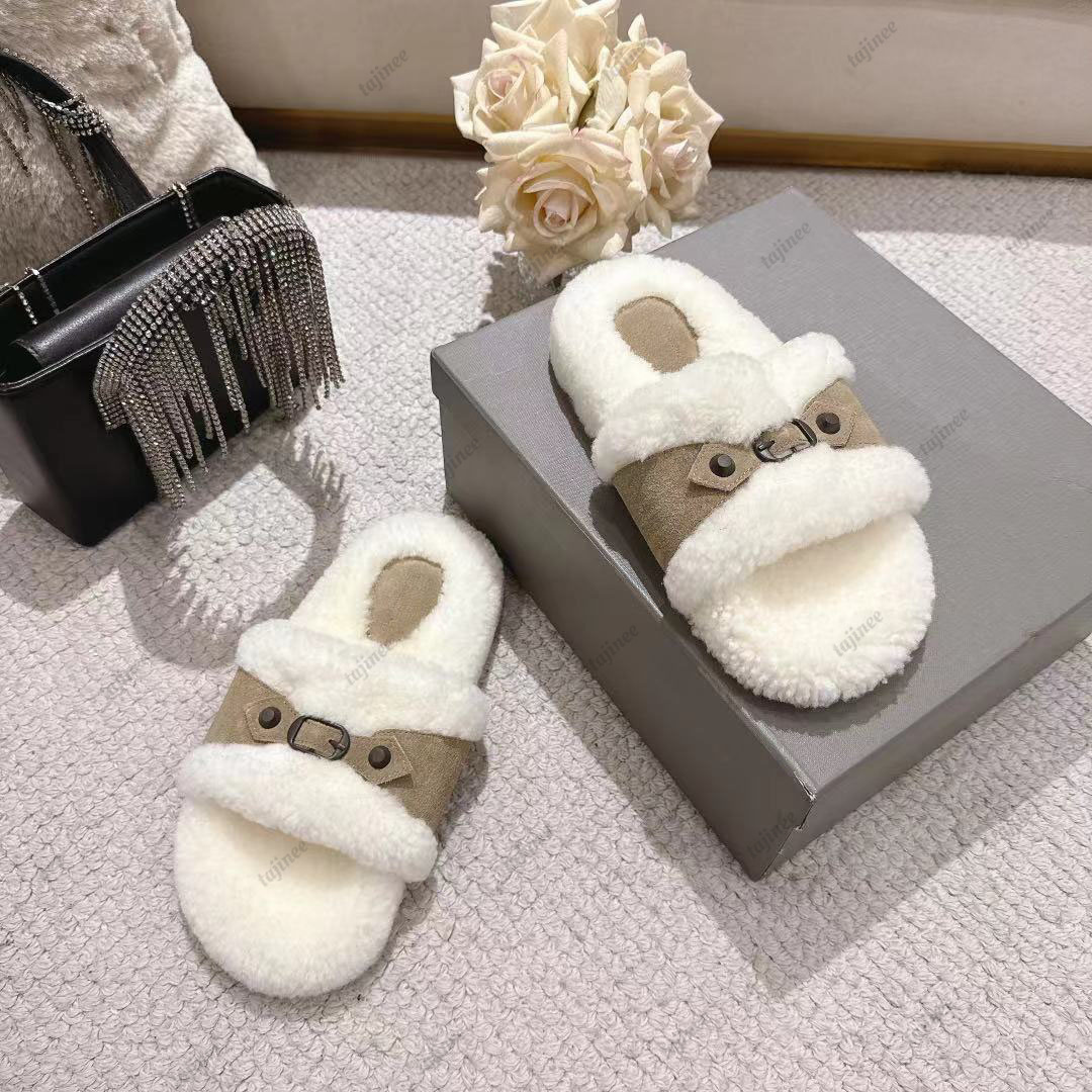 Designer Winter Wool Slippers Warm Fuzzy Sandals Fur Fluffy Warm Letter Slides