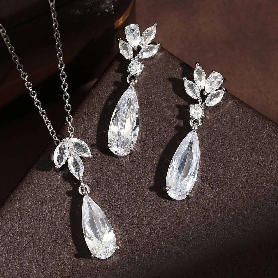 ZAKOL Shiny Teardrop Zircon Dangle Earring Necklaces for Women Elegant Shining Crystal CZ Wedding Jewelry Set With Gift Box
