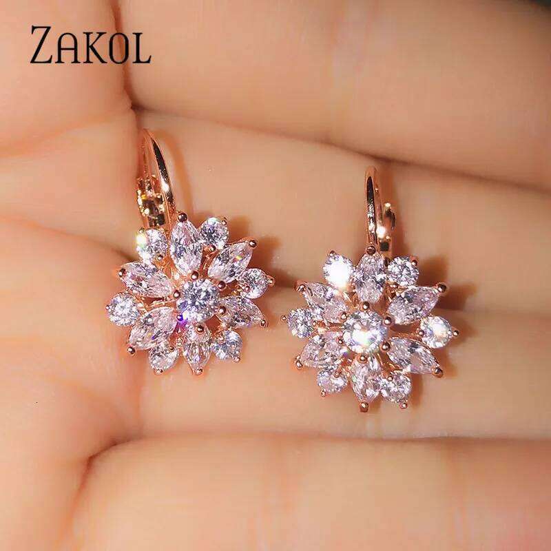 ZAKOL Fashion Rose Gold Color Flower Hoop Earrings for Women CZ Crystal Zircon Earring Brincos