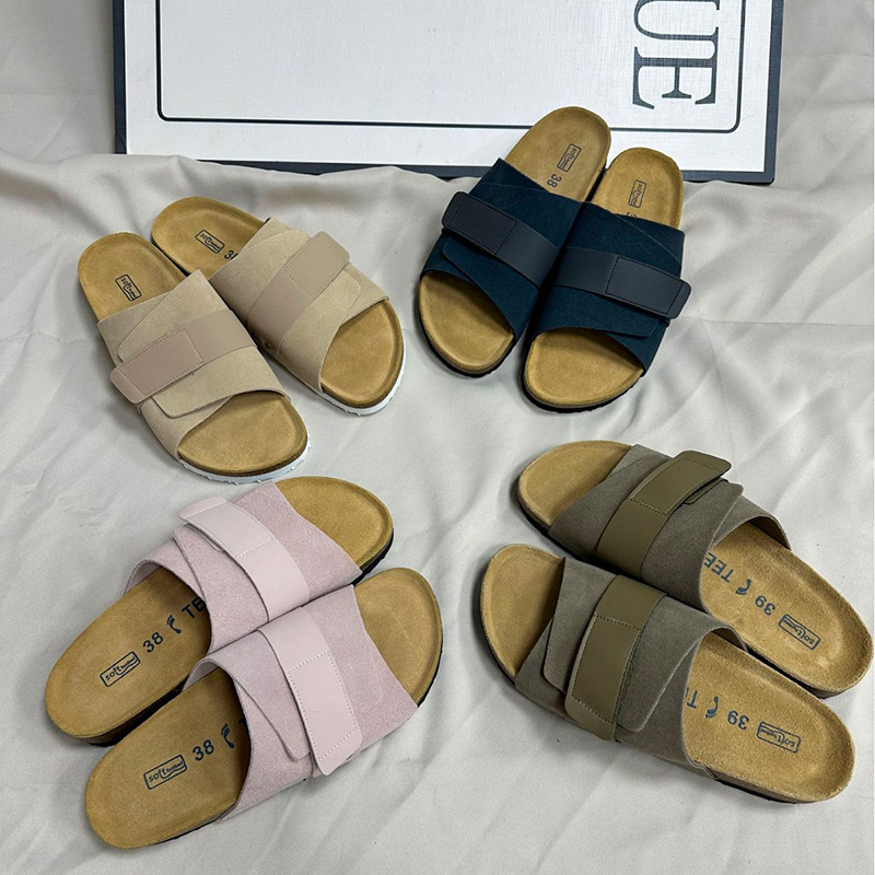 TEEMAZZI Hot new free shipping designer slippers for mens womens flat slippers green khaki pink blue Fashionable and versatile cork sole leather versa