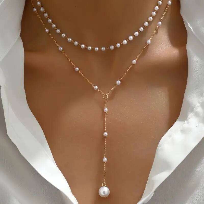 ZAKOL Korean Fashion Imitation Pearl Double Layered Choker Big Ball Bead Pendant Tassel Necklace Women's Sexy Party Body Jewelry