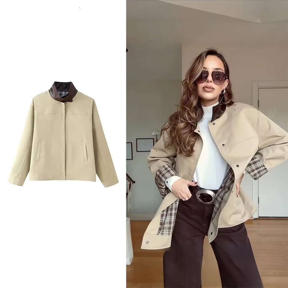 Women Casual Loose Contrast Plaid Inside Stand Collar Jacket 2026 Designer Fashion New Autumn Fashion High Street Coat