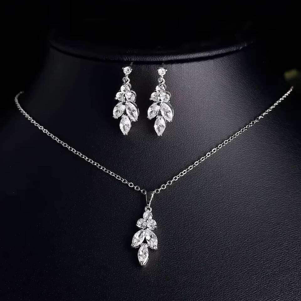 ZAKOL Classic AAA Cubic Zirconia Leaf Dangle Earrings&Necklace Set Sliver/Gold/Rose Gold Color Wedding Party Jewelry Accessories