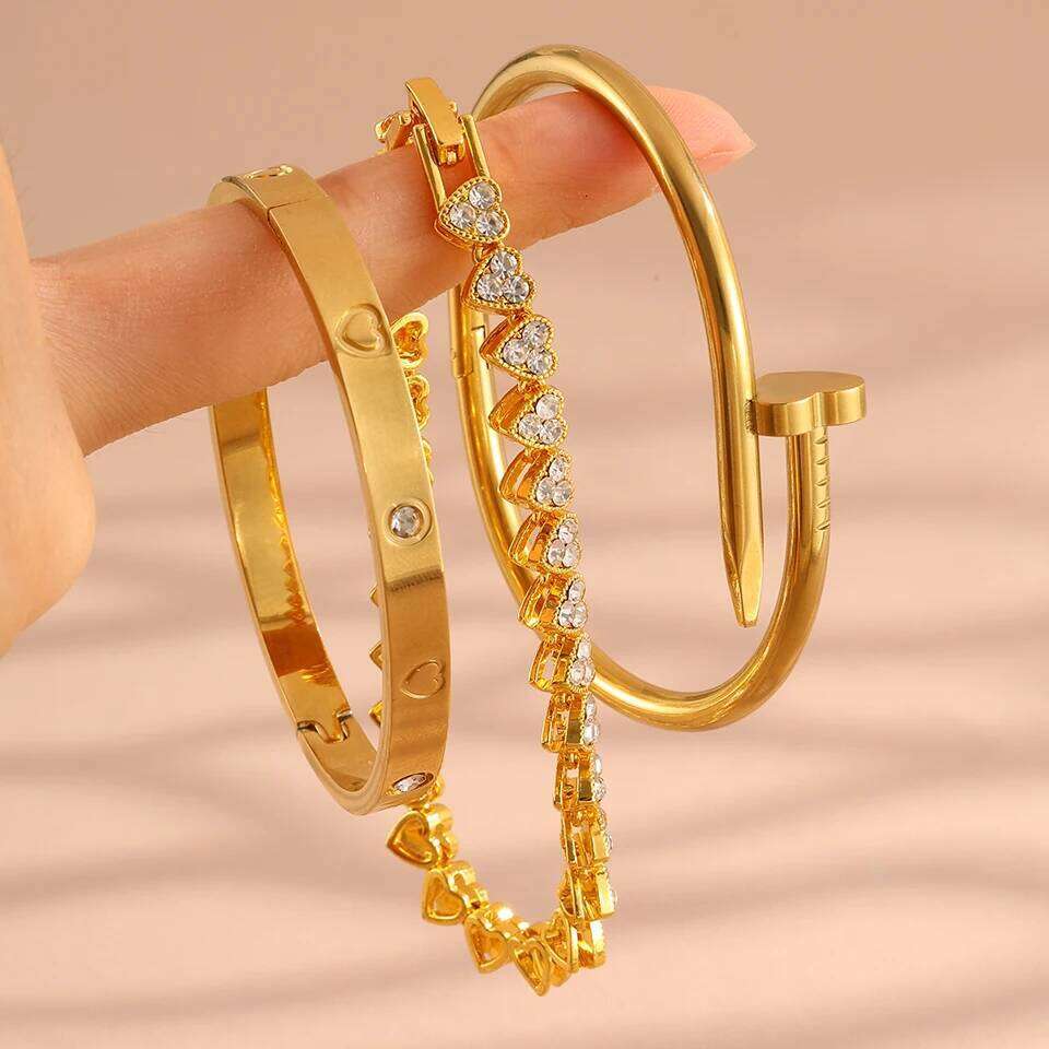 ZAKOL 3Pcs/Set Shiny Heart-shaped Rhinestone Stainless Steel Bracelet Hip-hop Rock Fashion Stackable Bangles Jewelry