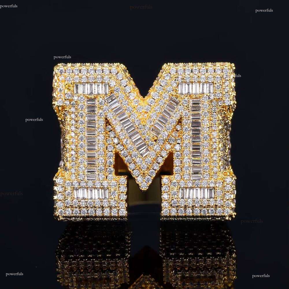 Iced 'M' Letter Moissanite Diamond Classic Design Custom Hip-Hop Ring Round and Baguette Cut Luxury Jewelry