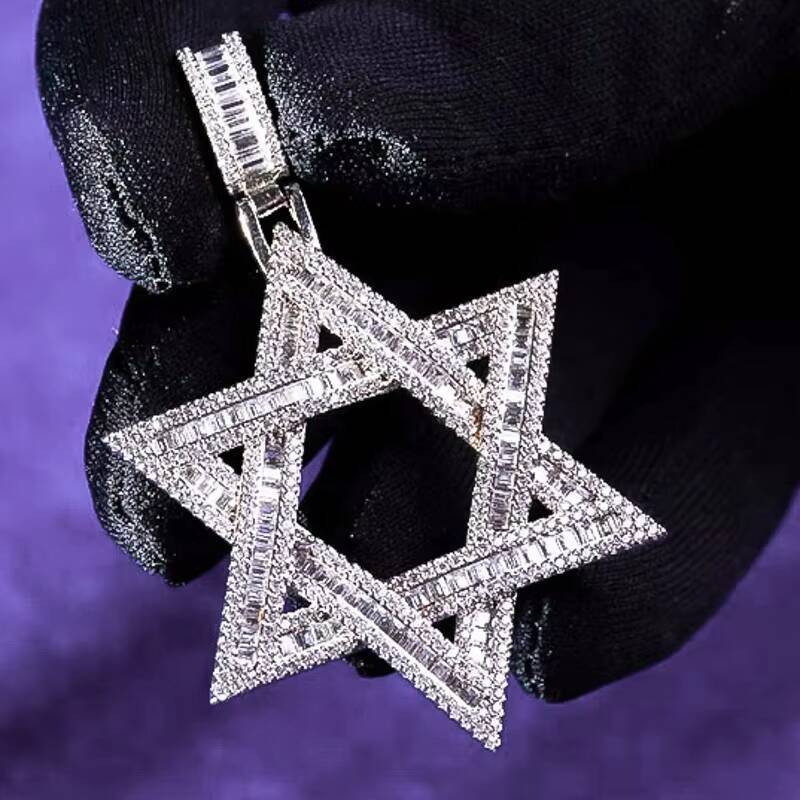 Hip Hop Iced Out 925 Sterling Silver Pass Diamond Tester VVS Baguette Moissanite Hexagram Star of David Pendant for Men
