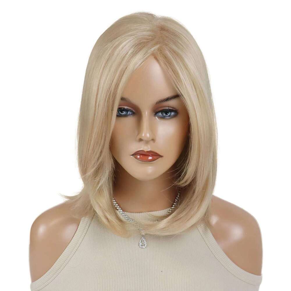 Short Blonde Wigs Synthetic Hair with Bangs Natural Bob for Women Straight Hairstyle Heat Resistant Daily Casual Mom Wig