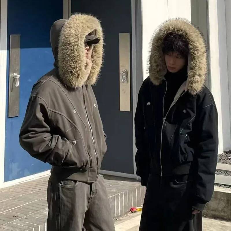 American Retro Autumn Winter Street Fur Collar Zipper Hooded Women New Velvet Thickened Warm Fashion Loose Casual Jacket