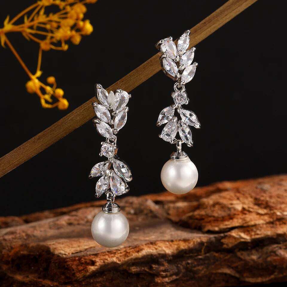 ZAKOL Luxury Leaf Cubic Zirconia Imitation Pearl Dangle Earring for Women Elegant Wedding Engagement Party Jewelry