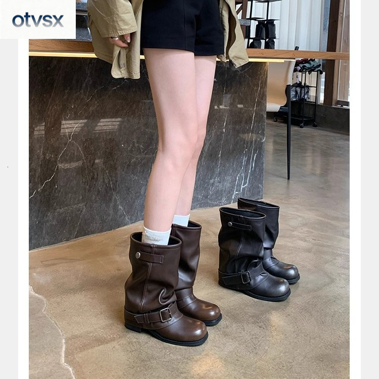 Otvsx autumn and winter new style retro style thick soled Martin boots height increasing luxury wide boots French niche design genuine leather texture