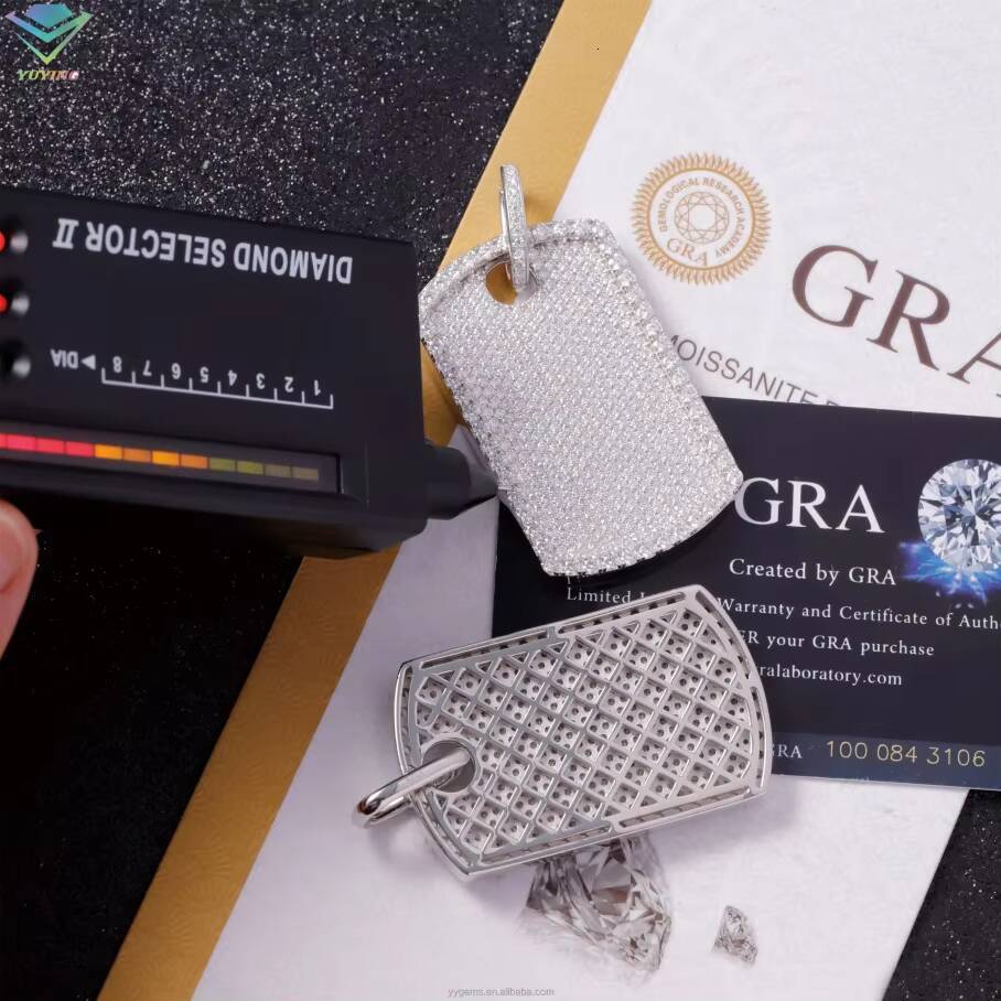 Full Iced Out Moissanite Diamonds Tag Pendant Rope Chain White Gold Plated 925 Silver Hip Hop Pendant Dog Tag Necklace Jewelry
