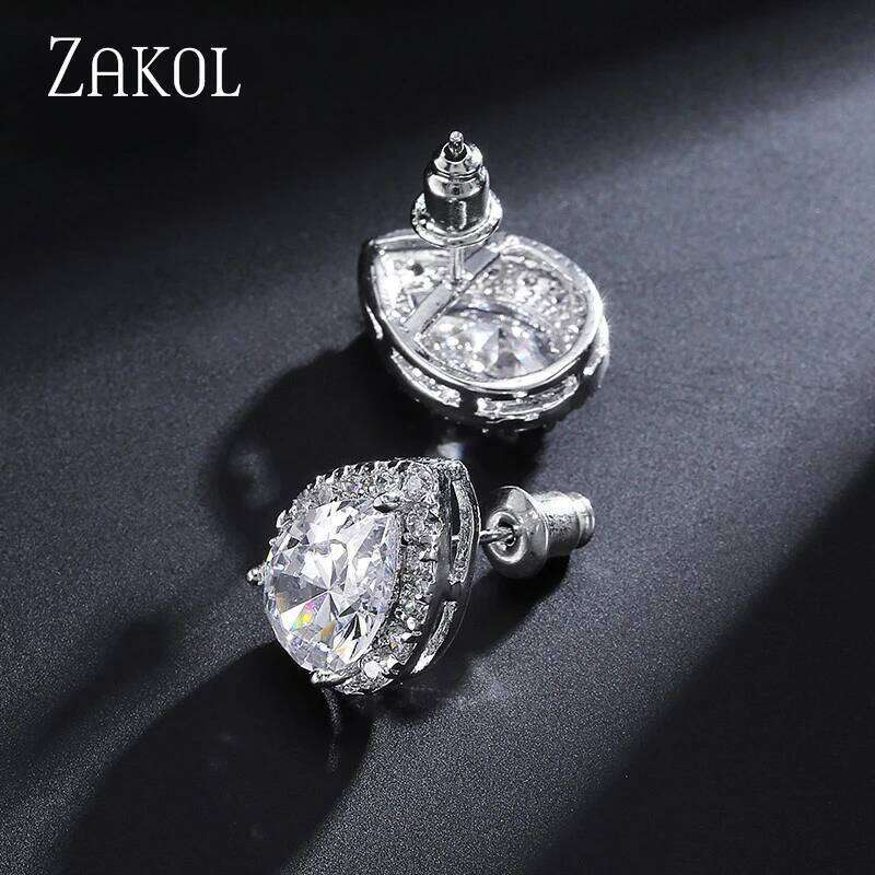 ZAKOL Classic Silver Color Water Drop Cubic Zircon Stud Earrings for Women Crystal Bridal Wedding Party Jewelry Aretes