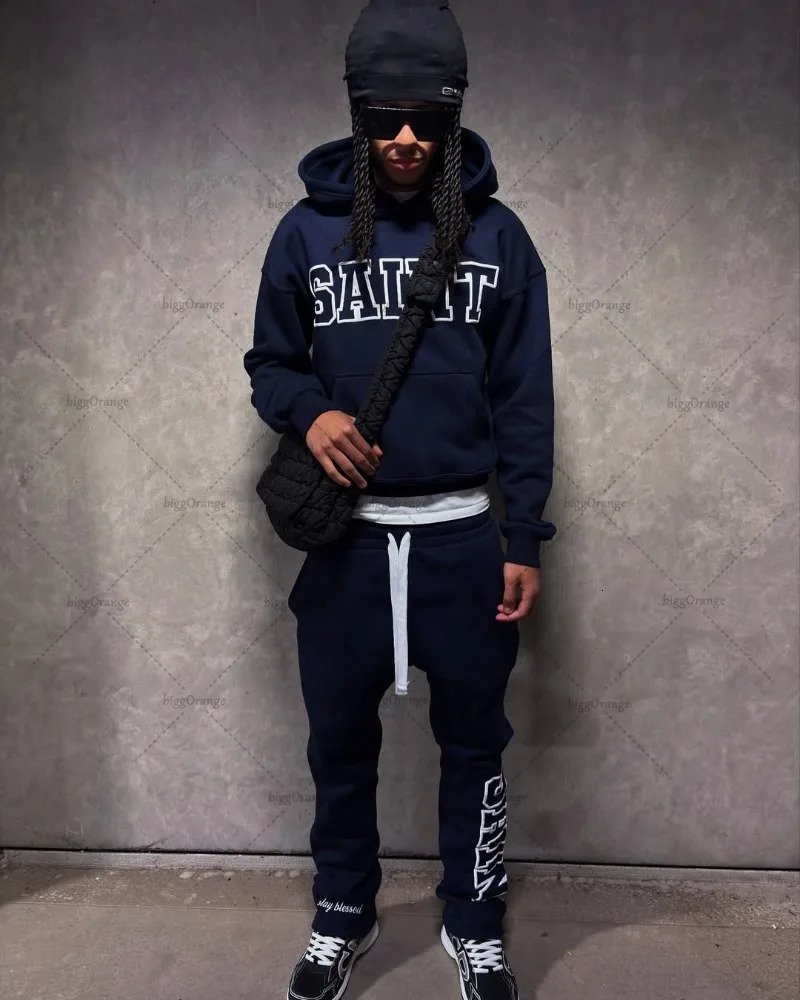 High Street Trendy Retro Letter Print Mens Sportswear Set Hip-Hop Punk Streetwear Hoodie Women Harajuku Casual Loose Sweatpants 251215