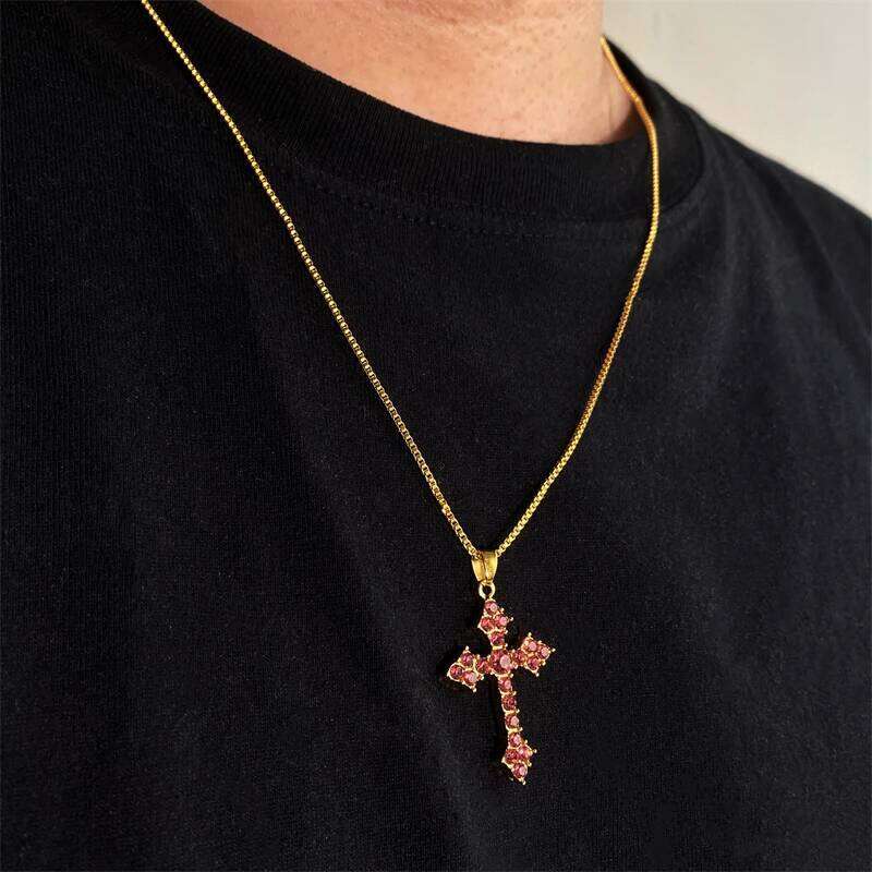 Personalized Fashion Multicolor Crystal Zirconia Cross Pendant Necklace Gold Color Chain Necklaces Unisex Party Jewelry
