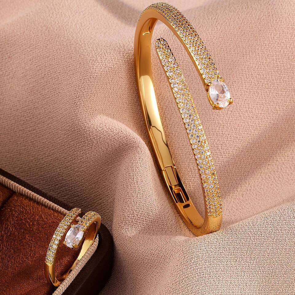 ZAKOL Trendy Elliptical Zircon Head Nail Shaped Open Bracelet Ring Set Saudi Arabia's Fashion Wedding Party Jewelry Accessory