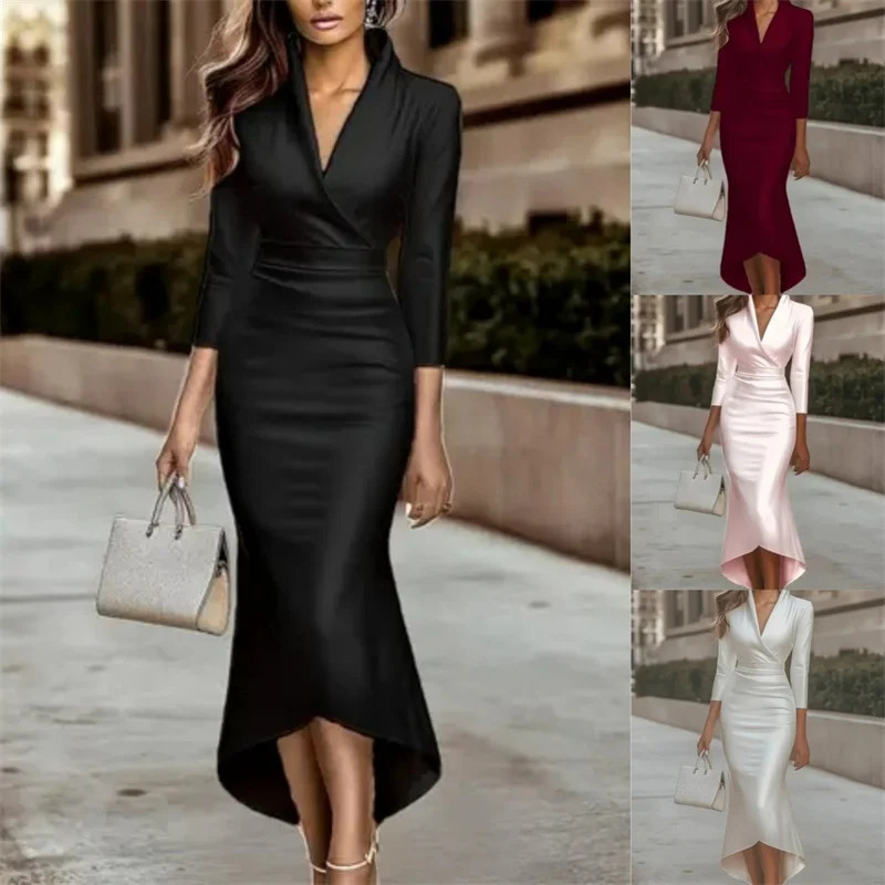 Women Maxi Satin Dress Solid Draped Dress Silk V-Neck Long Sleeve Evening Party Office Lady Midi Dresses Sexy Chic Robes 2025 251217