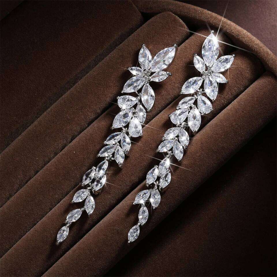 ZAKOL Elegant Shiny AAA Zircon Sliver Color Long Drop Earrings Gorgeous Bridal Wedding Party Jewelry