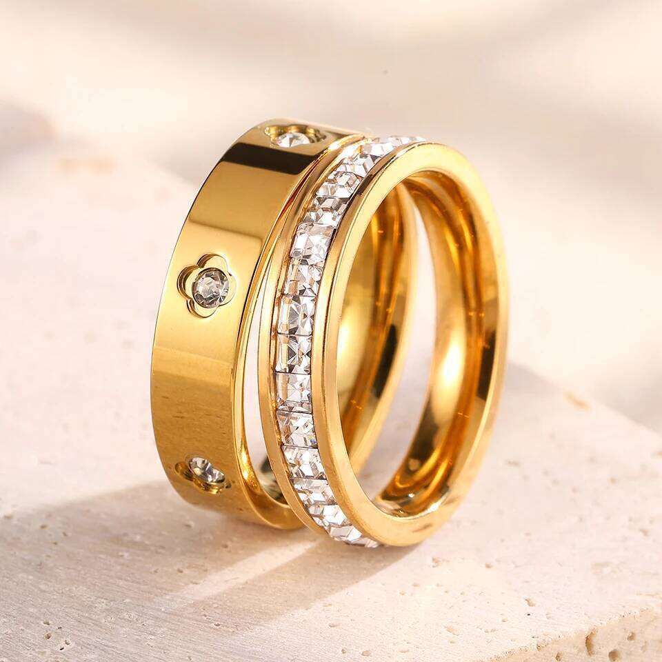 ZAKOL 316L Stainless Steel Multi Layered Finger Rings Shiny CZ Zircon Inlaid Stackable Ring Set Fashion Jewelry Gift for Women