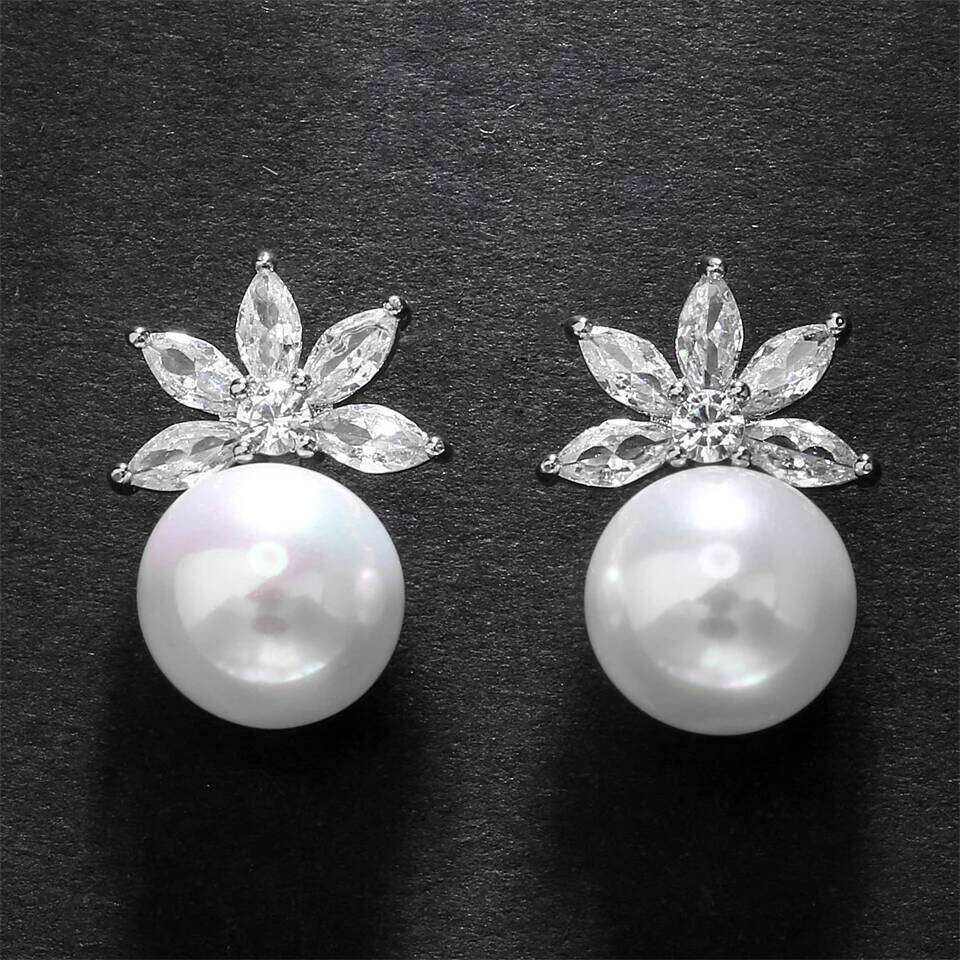 ZAKOL Colorful Radiant Imitation Pearls CZ Stud Earrings for Women Elegant Leaf Flower Bridal Earring Wedding Jewelry