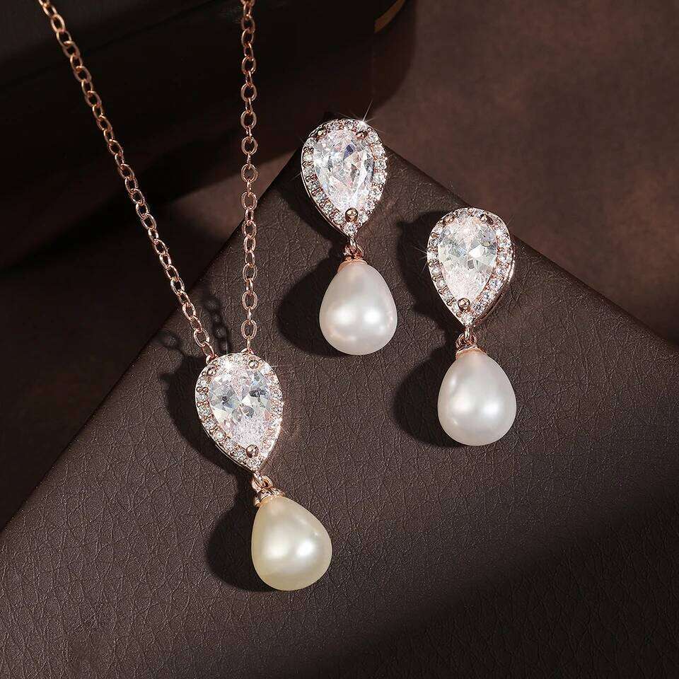 ZAKOL Luxury Water Drop Zirconia Dangle Necklace Teardrop-shaped Pearl Pendant Earring Wedding Jewelry Set