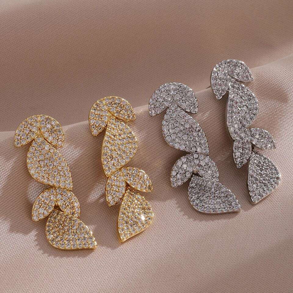 ZAKOL Luxury Micro Paved Cubic Zirconia Long Leaf Drop Earrings for Women Female Wedding Party Accessories Jewelry Gift