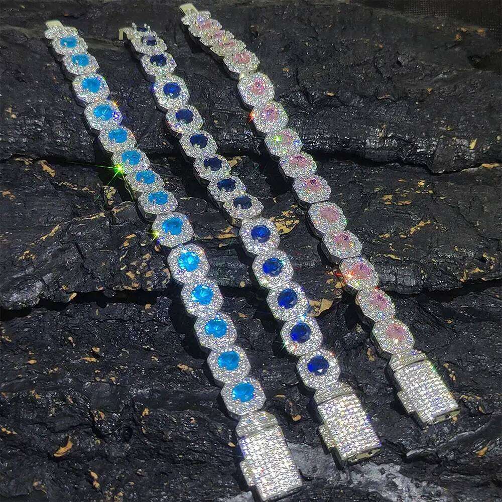 12mm Hip Hop Jewelry Pink/Treasure Blue/Sea Blue Girl Cluster Tennis Chain Cubic Zirconia Bling Diamond CZ Necklace For Women 47c