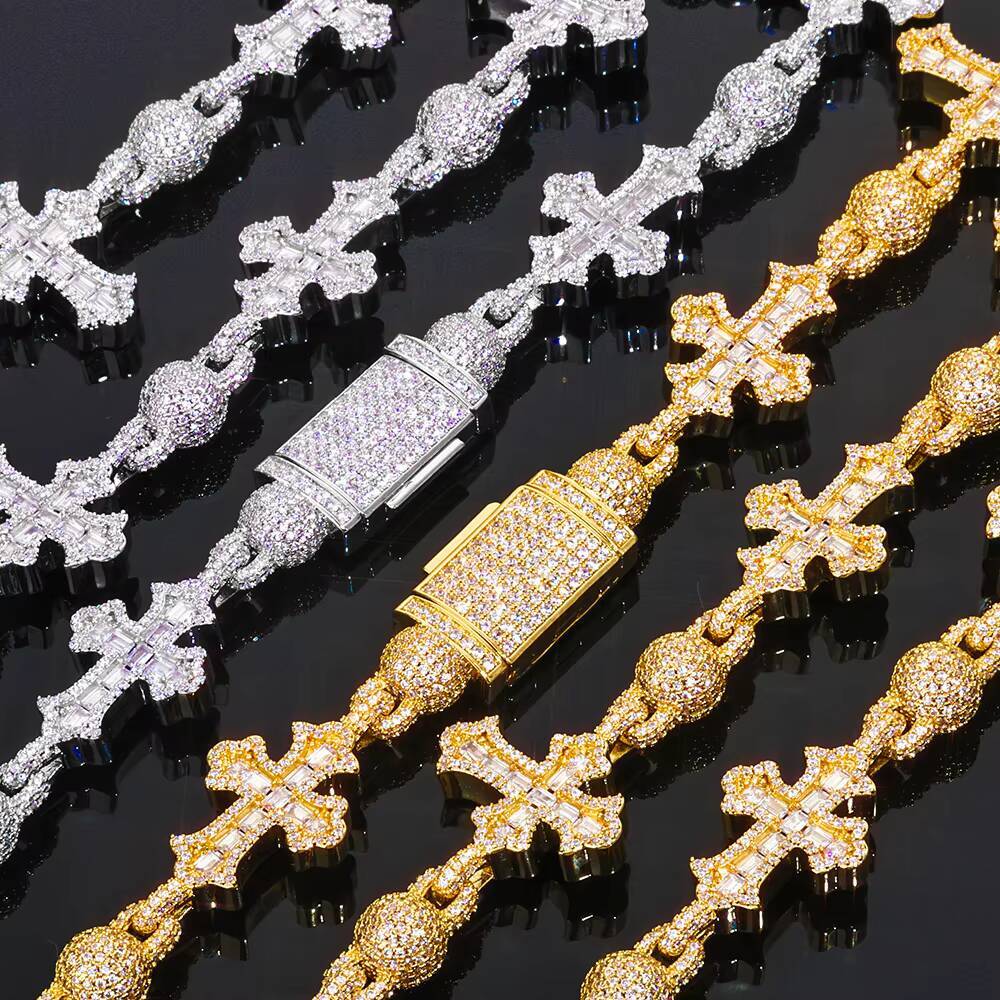 NUOYA Luxury Diamond Necklace 18mm Iced Out VVS Moissanite 925 Silver Round Bead Design Cross Link Chain Necklace Fine Jewelry