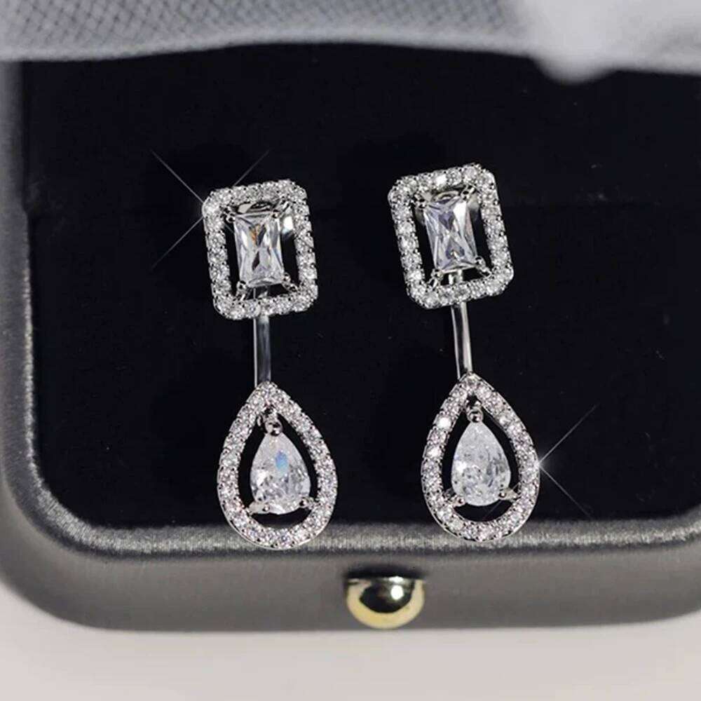 ZAKOL Fashion Geometric Square Water Drop Zircon Earrings for Women Elegant Shiny Crystal Bridal Earring Jewelry Set Gift