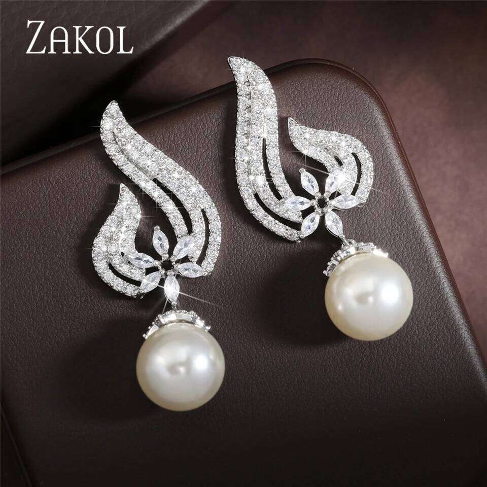 ZAKOL Classic Sparkling Zircon Pearl Bridal Earrings Elegant Engagement Wedding Party Jewelry for Women