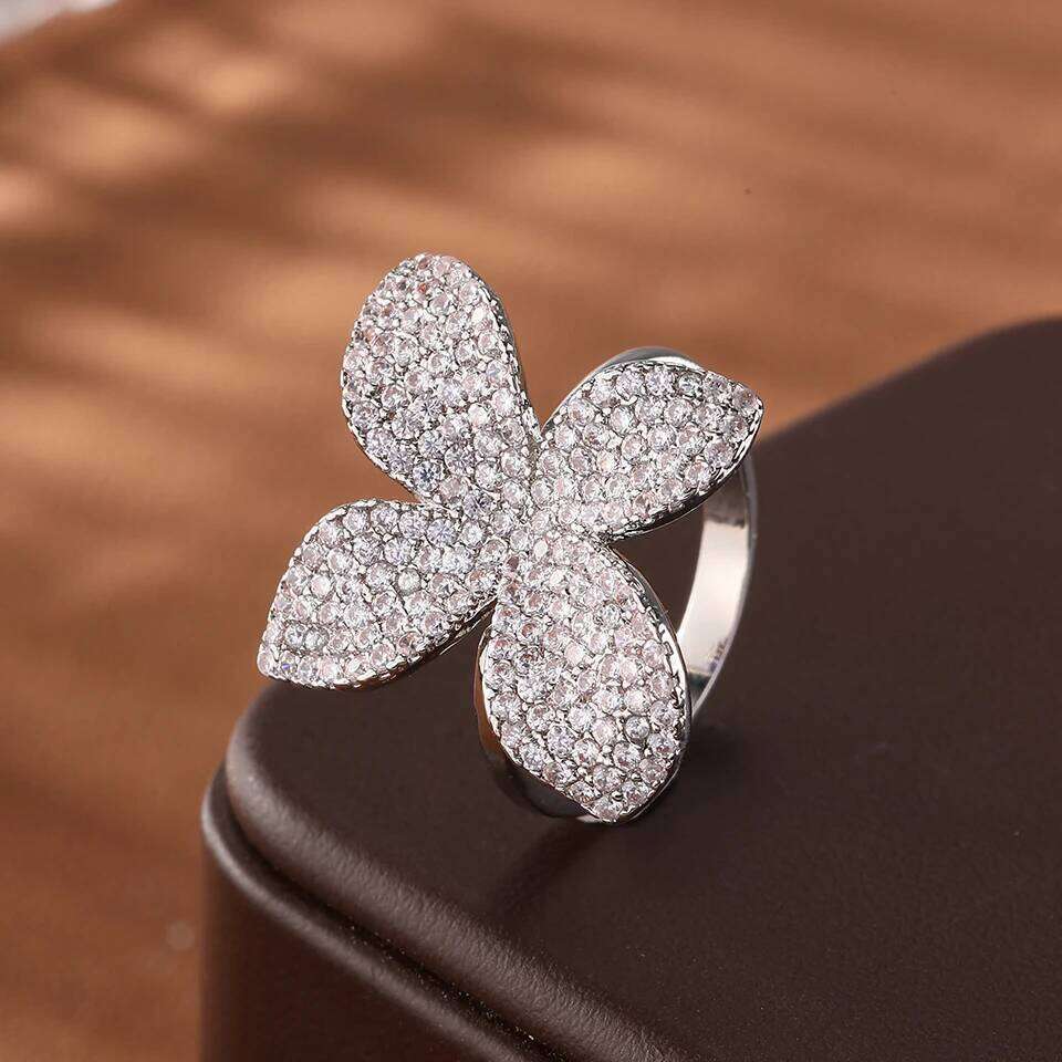 ZAKOL Luxury AAA Cubic Zirconia Leaf Flower Adjustable Open Rings Shiny Crystal CZ Engagement Wedding Jewelry for Women
