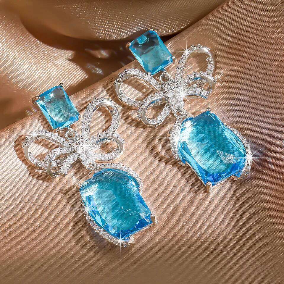 ZAKOL Exquisite Handmade Inlaid Zircon Bow Butterfly Dangle Earrings for Women Big Pink Blue Crystal CZ Wedding Party Jewelry