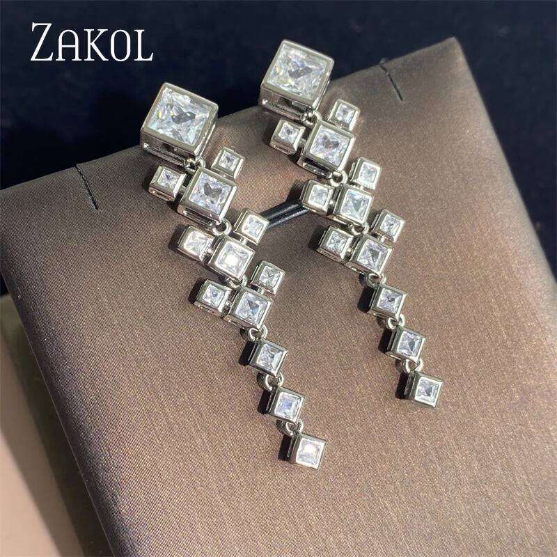 ZAKOL Luxury Geometric Water Drop Crystal Long Dangle Earrings for Women Delicate Shiny Zircon Bridal Wedding Jewelry