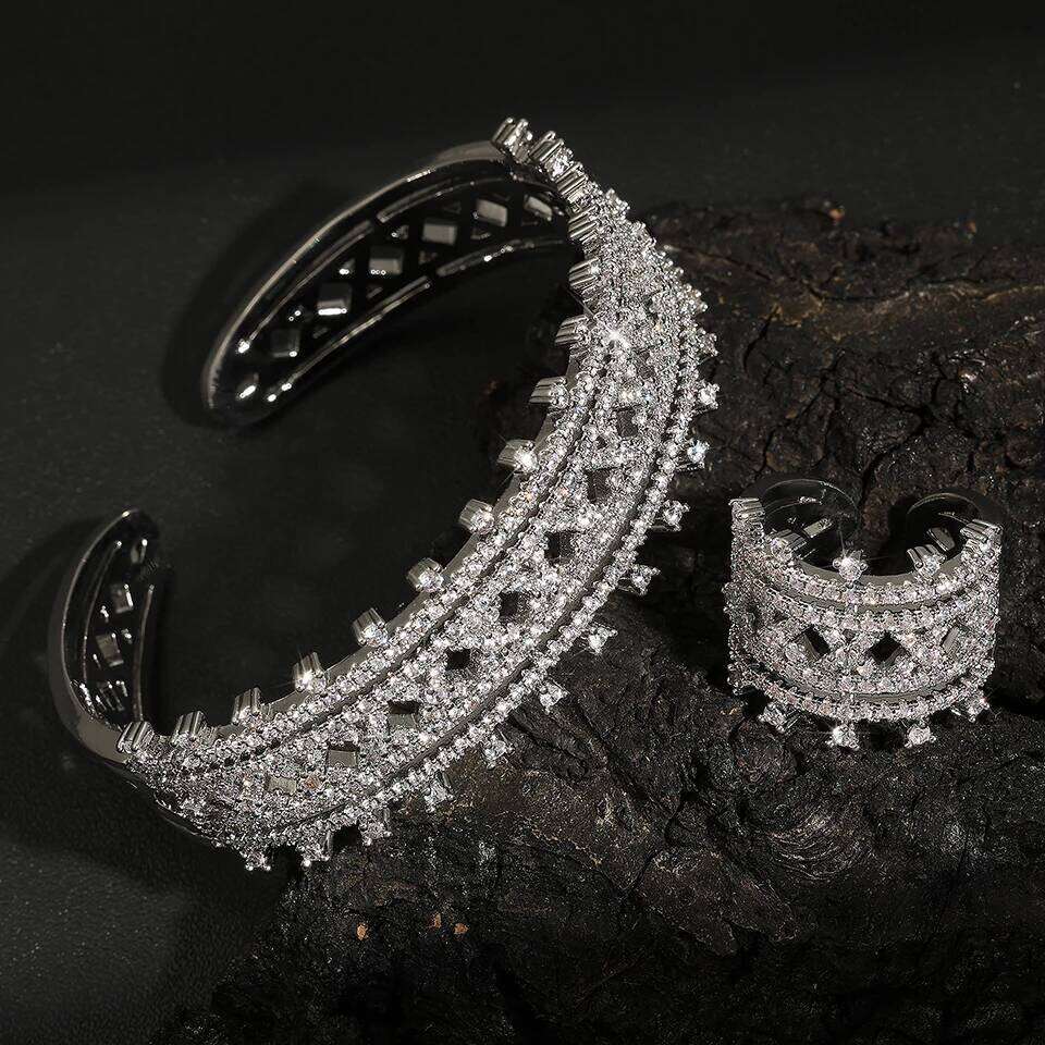 ZAKOL Luxury Shiny AAA Zircon Bracelet Ring Set for Women Adjustable Open Bangle Wedding Jewelry Sets Party Accessories