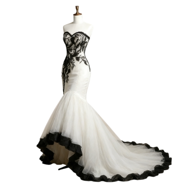 Gothic Black And White Mermaid Wedding Dresses Lace Appliques Court Train Sweetheart Strapless Long Bridal Gowns Sleeveless Vintage Bride Reception Fo
