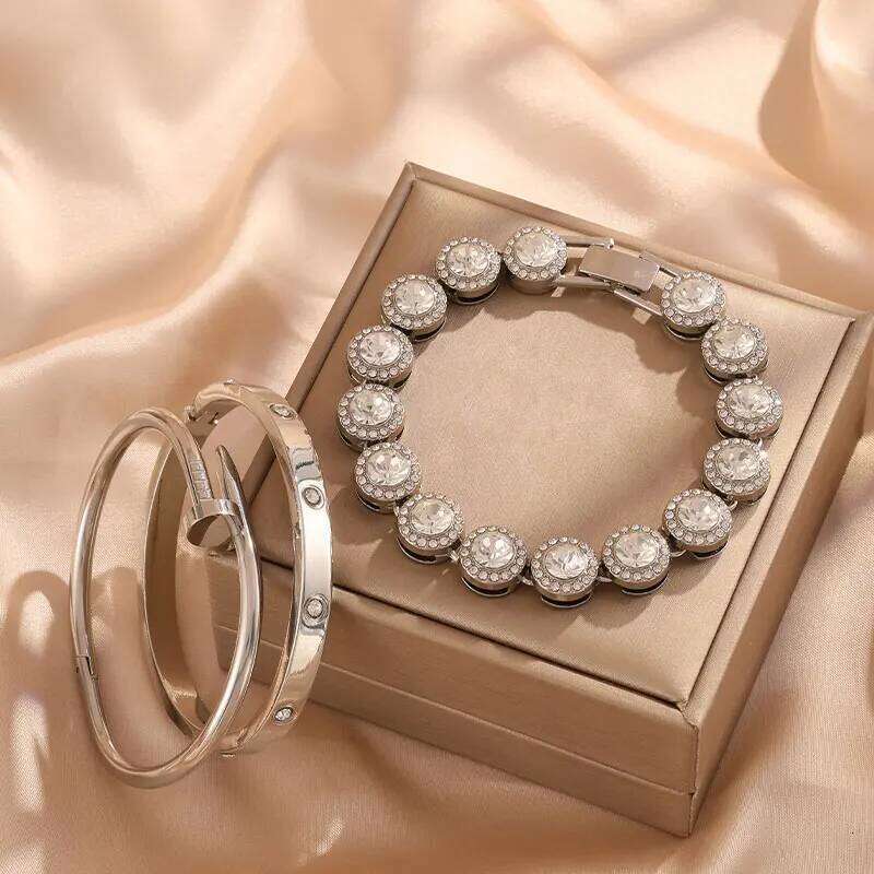 ZAKOL 3-Piece Set Shiny Heart Rhinestone Stainless Steel Bangles Hip Hop Rock Fashion Stackable Bracelet Jewelry