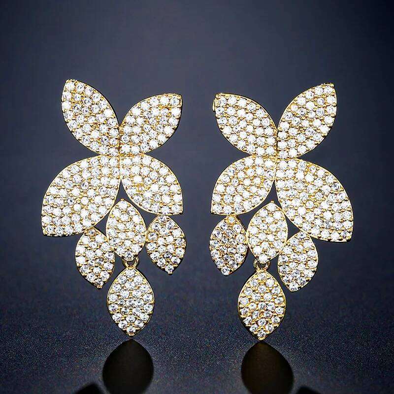 ZAKOL Luxury Micro Paved Zirconia Leaf Plant Long Dangle Earring for Women Full Dazzling Zircon Wedding Party Trendy Jewelry