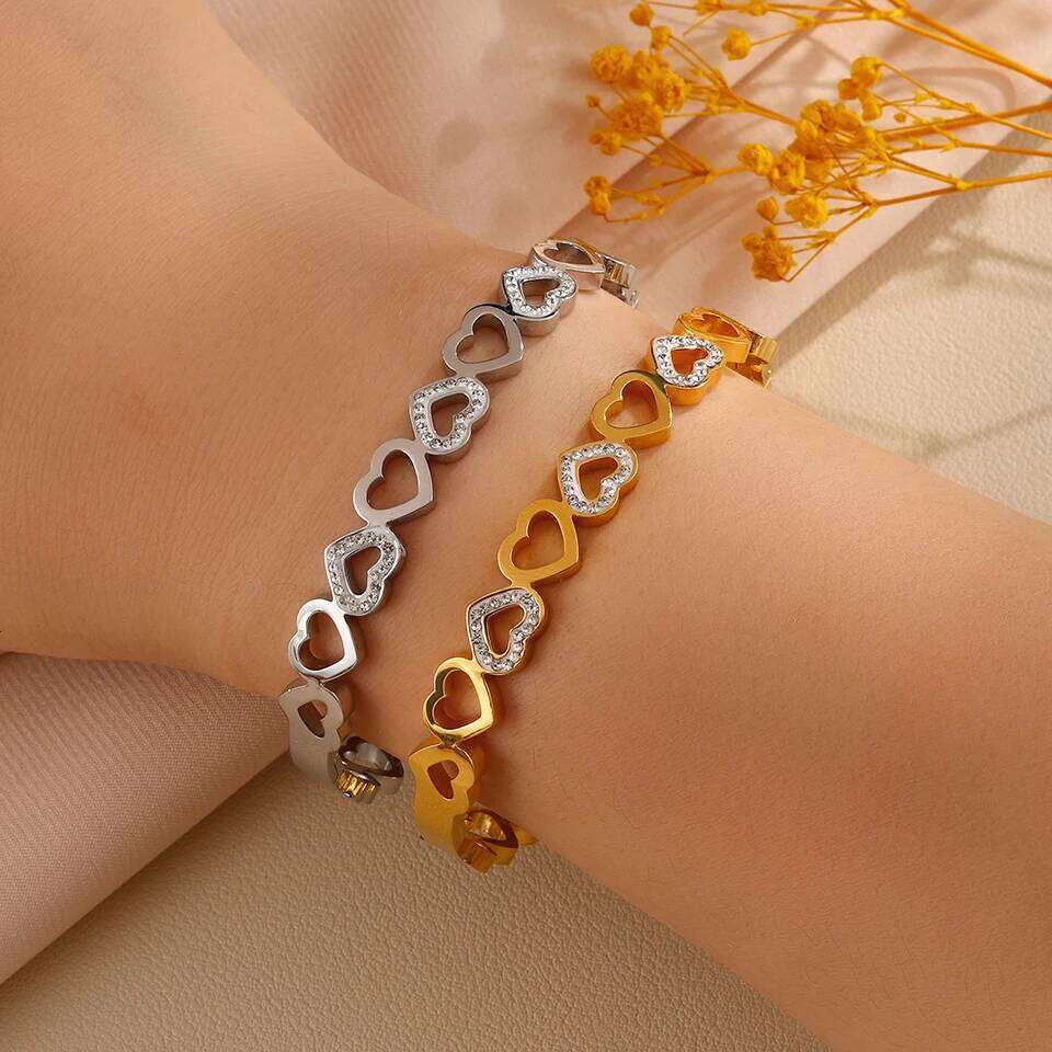 ZAKOL Vintage Hollow Heart Inlaid Rhinestone Zircon Stainless Steel Wide Bangles Bracelets Waterproof Jewelry Gift for Couples