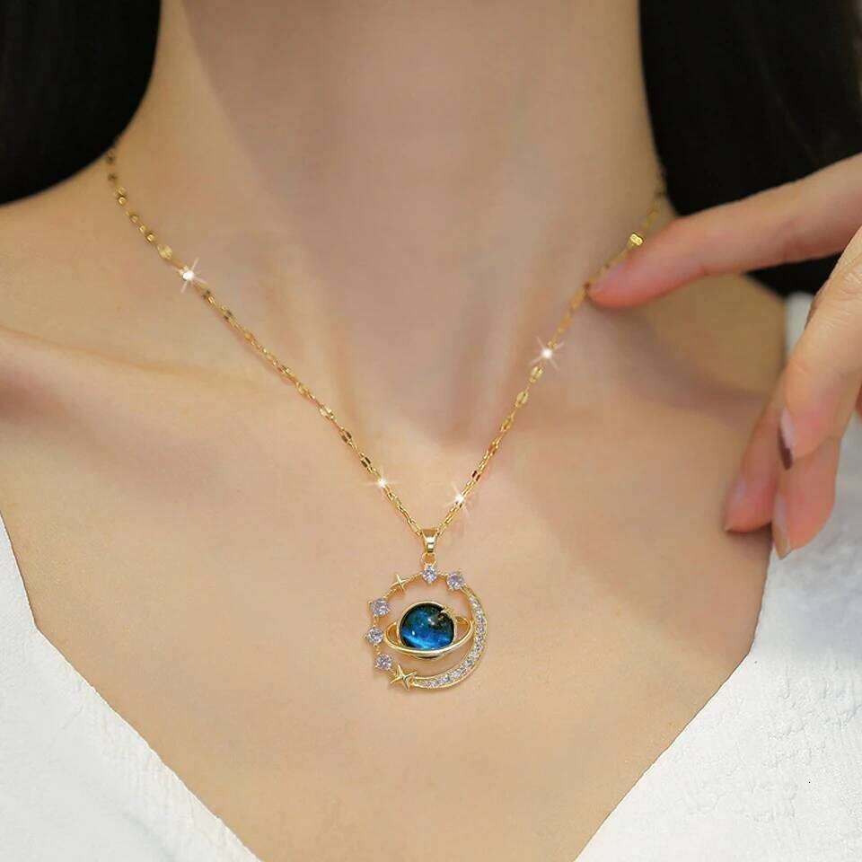 ZAKOL Delicate Micro-Inlaid Zircon Blue Planet Pendant Necklace for Women Titanium Steel Chain Collares Para Mujer
