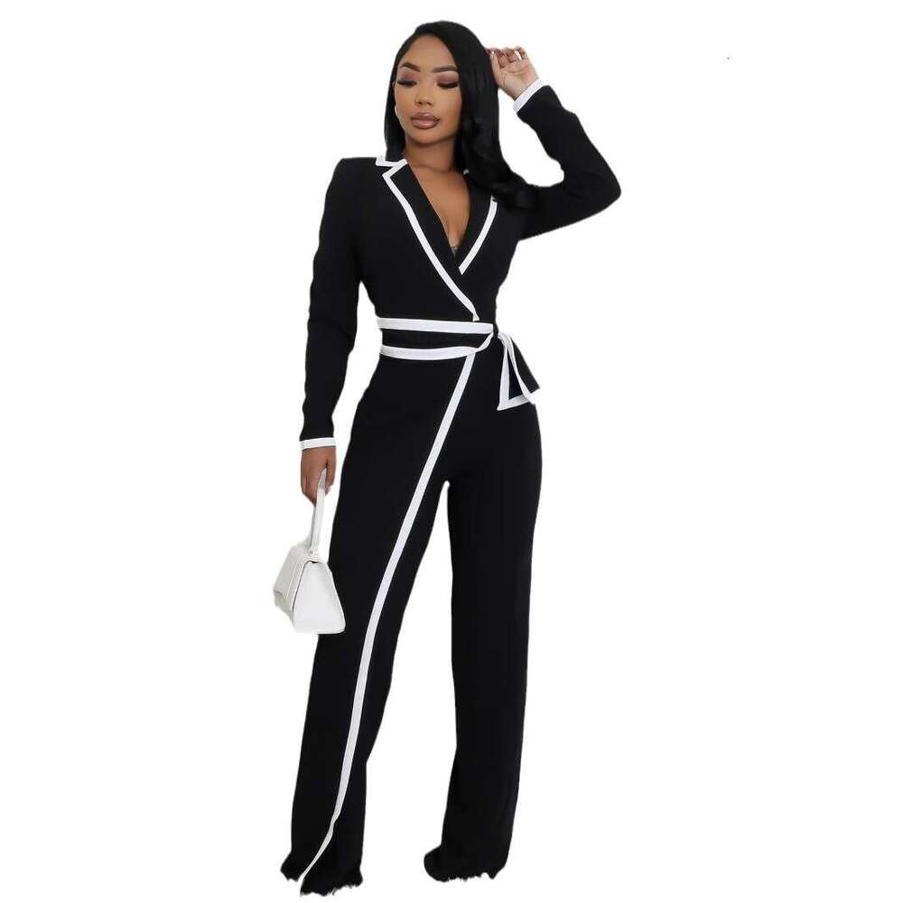 European American Cross-Border Amazon Fashion Women's Autumn and Winter Belt Design Two-Tone Patchwork Long Sleeve Jumpsuit