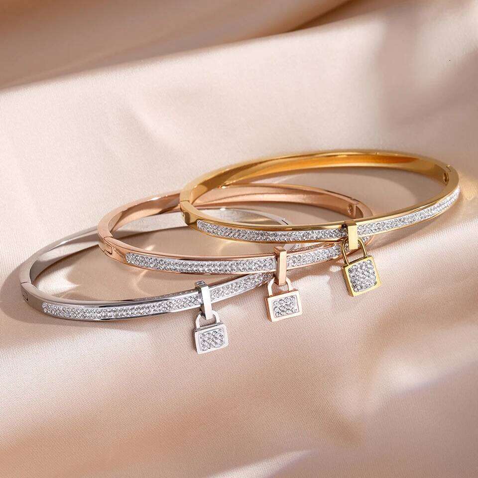 ZAKOL Hot Sale Stainless Steel Zircon Inlaid Bracelet Roman Numeral Hanging a Lock Bangle Waterproof Jewelry Gift for Women